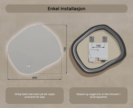 Baderomsspeil med belysning, 84×74 cm, tofarget, berøringsbryter, varmematte #8