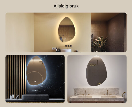 Uregelmessig speil med belysning, 64×94 cm, tofarget, berøringsbryter, varmematte #2