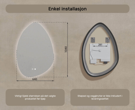 Uregelmessig speil med belysning, 64×94 cm, tofarget, berøringsbryter, varmematte #8