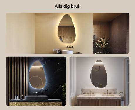 Uregelmessig speil med belysning, 64×104 cm, tofarget, berøringsbryter, varmematte #2