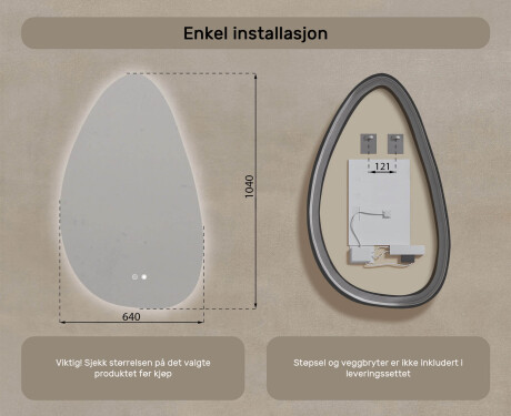 Uregelmessig speil med belysning, 64×104 cm, tofarget, berøringsbryter, varmematte #8