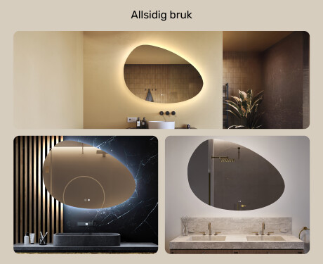 Uregelmessig speil med belysning, 114×84 cm, tofarget, berøringsbryter, varmematte #2