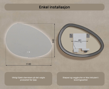 Uregelmessig speil med belysning, 114×84 cm, tofarget, berøringsbryter, varmematte #8