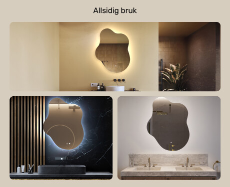 Uregelmessig speil med belysning, 74×94 cm, tofarget, berøringsbryter, varmematte #2
