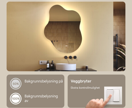 Uregelmessig speil med belysning, 74×94 cm, tofarget, berøringsbryter, varmematte #4
