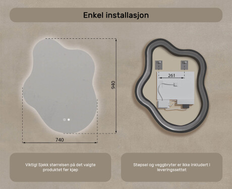 Uregelmessig speil med belysning, 74×94 cm, tofarget, berøringsbryter, varmematte #8
