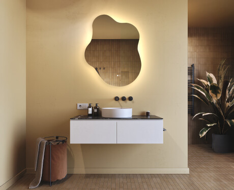 Uregelmessig speil med belysning, 74×94 cm, tofarget, berøringsbryter, varmematte #9