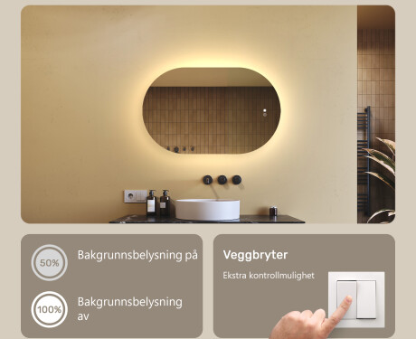 Ovalt speil med LED-belysning 80x50/50x80 cm, to farger, berøringsbryter, varmematte #4