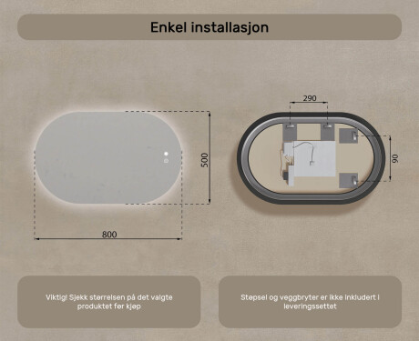 Belyst baderomsspeil, 80×50 cm, tofarget, berøringsbryter, varmematte #8