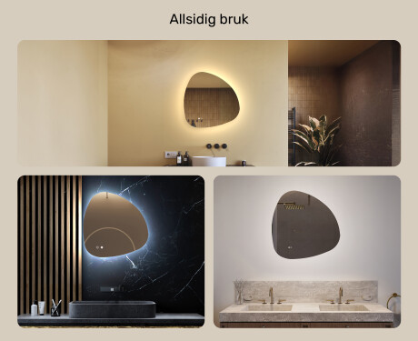 Uregelmessig speil med belysning, 64×64 cm, tofarget, berøringsbryter, varmematte #2