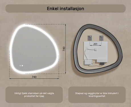 Uregelmessig speil med belysning, 74×74 cm, tofarget, berøringsbryter, varmematte #8