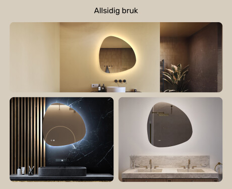 Uregelmessig speil med belysning, 74×74 cm, tofarget, berøringsbryter, varmematte #2