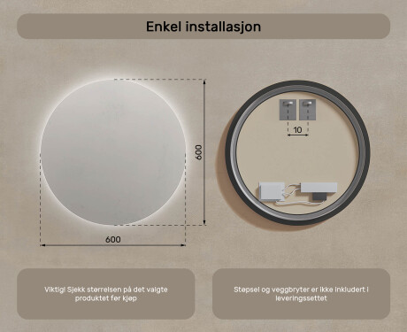 Rundt opplyst baderomsspeil 60 cm med nøytral lysfarge 4500K #6