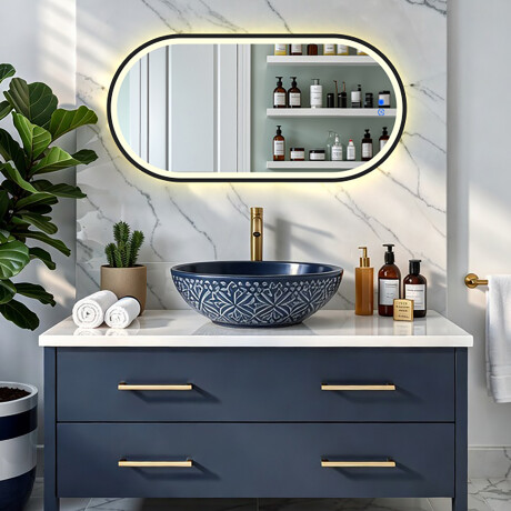 Ovalt LED-belyst speil i en svart aluminiumsramme #8