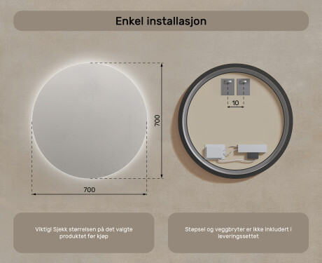 Rundt Speil Til Bad Med Lys 70cm med kaldt LED-lys 7000K, varmt lys 3000K eller nøytralt lys 4500K #7