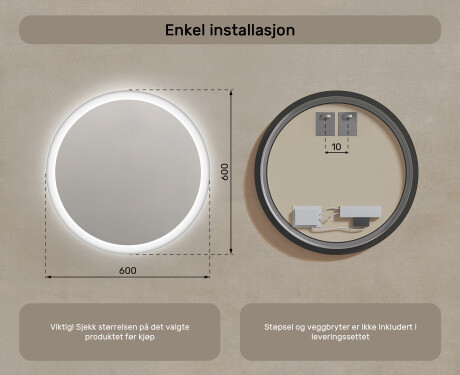 Rundt Speil Til Bad Med Lys 60cm med kaldt LED-lys 7000K, varmt lys 3000K eller nøytralt lys 4500K #7