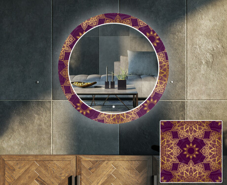 Rundt Dekorativt Speil Med LED-belysning Til Stue - Gold Mandala #1