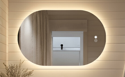 Belyst baderomsspeil, tofarget, berøringsbryter, varmematte