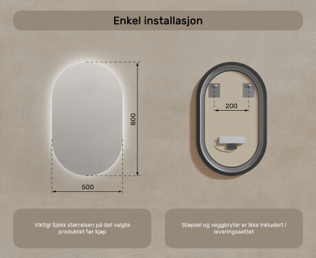 Speil Med Lys 50x80cm med kaldt LED-lys 7000K, varmt lys 3000K eller nøytralt lys 4500K #7